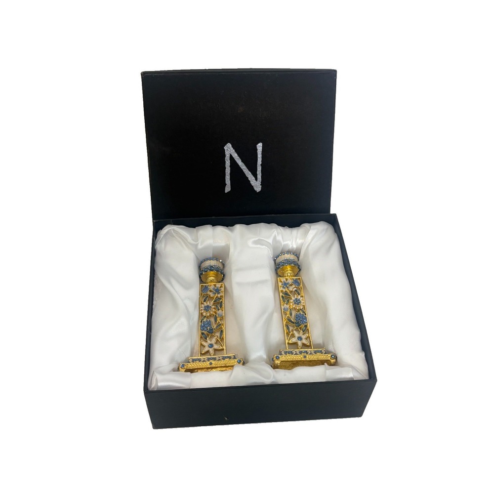 Handcrafted Jeweled Shabbat Candlestick Holders Set 2 Nouvelle Blue Flowers